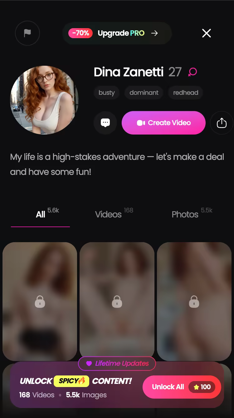 A GoLove character profile on mobile with All, Videos and Photos tabs and a Create Video button