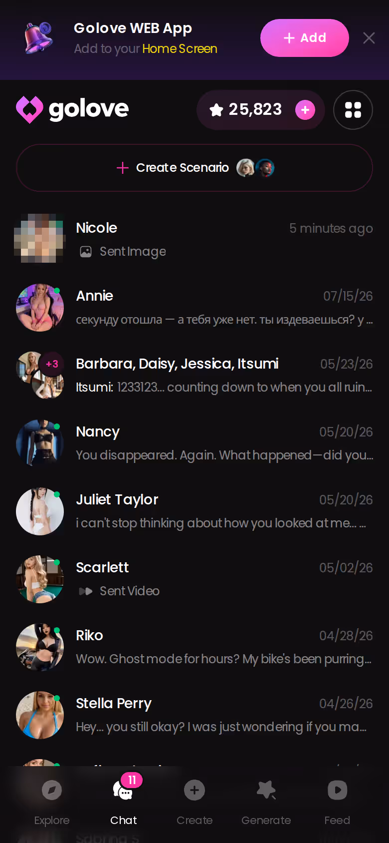 GoLove.ai mobile chat list where a series star sits alongside your other AI girlfriend chats