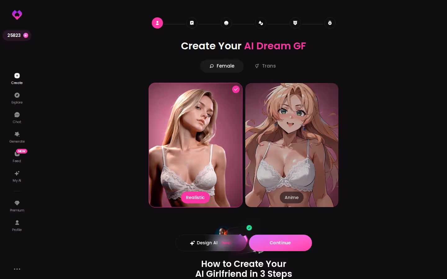 GoLove.ai Create wizard — Female or Trans, Realistic or Anime pick — ai girlfriend apps compared 2026