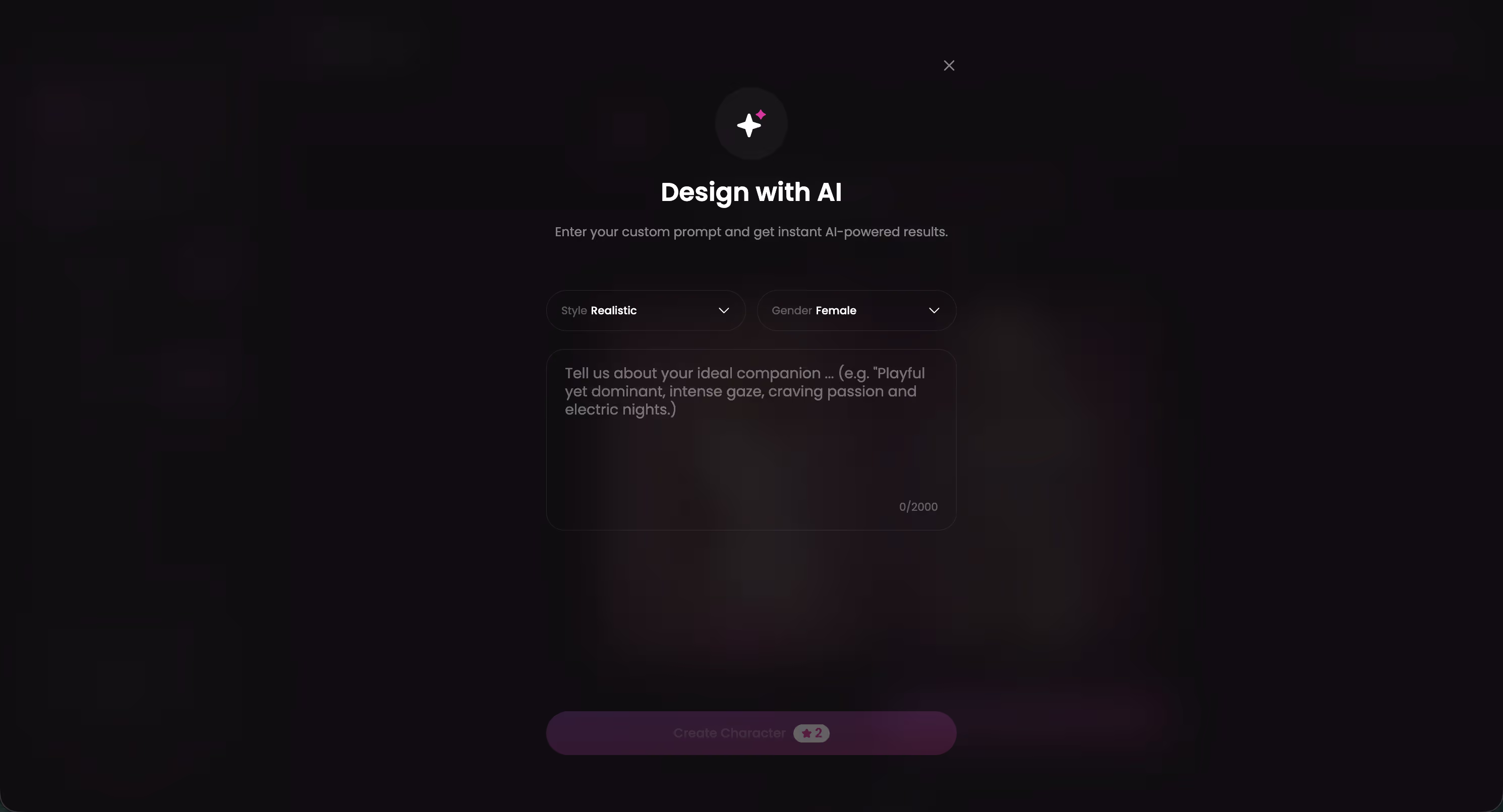 GoLove.ai Design with AI screen where a character is described in plain text