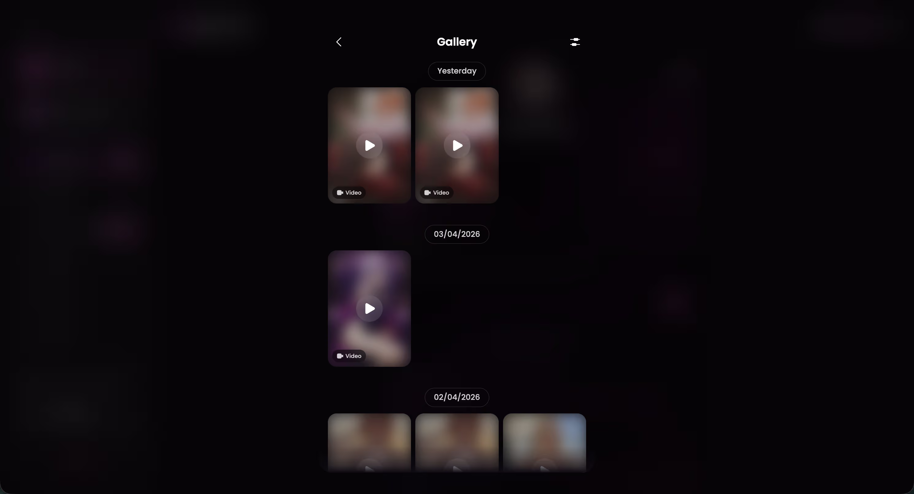 GoLove.ai per-character Gallery sorting photos and videos by date
