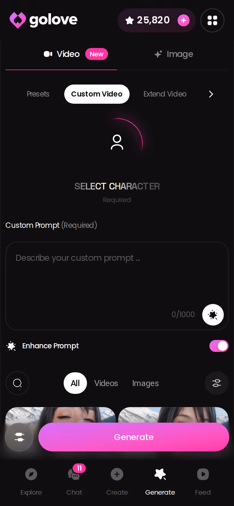GoLove Custom Video screen on mobile with a prompt field and generation settings