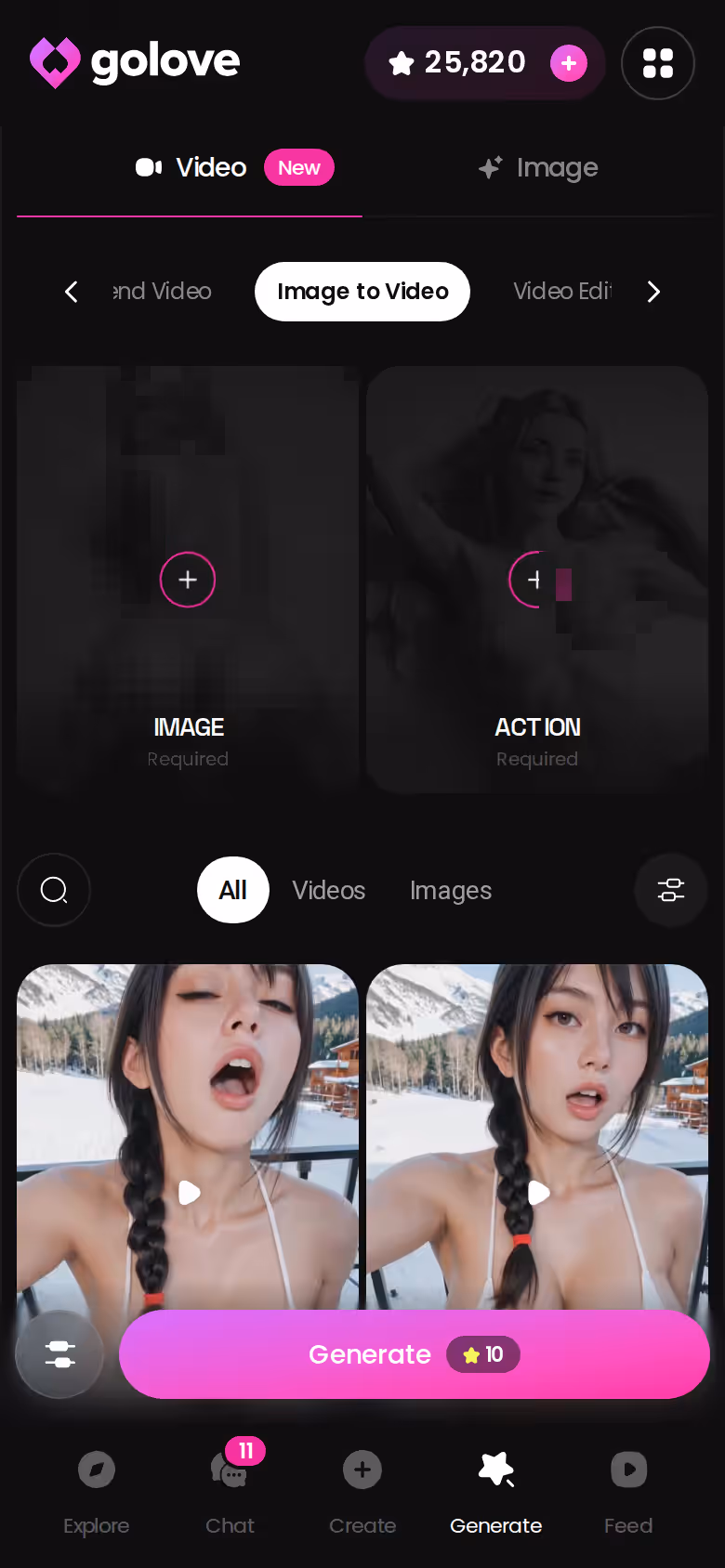 GoLove chat on mobile turning a requested photo of a character into a short video with one tap