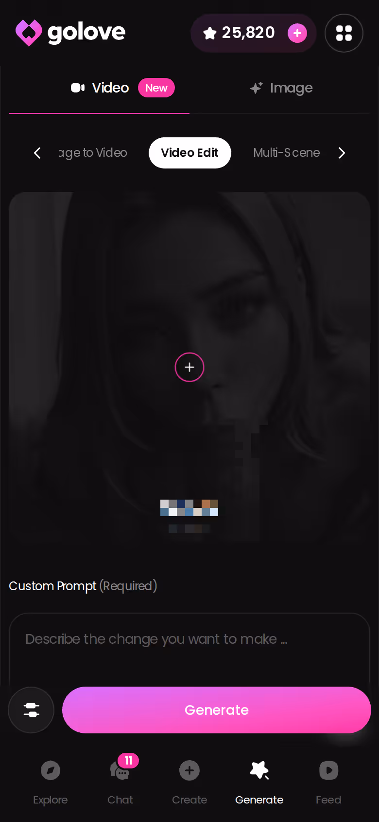 GoLove.ai Video Edit screen on mobile where each re-run of a video costs Stars